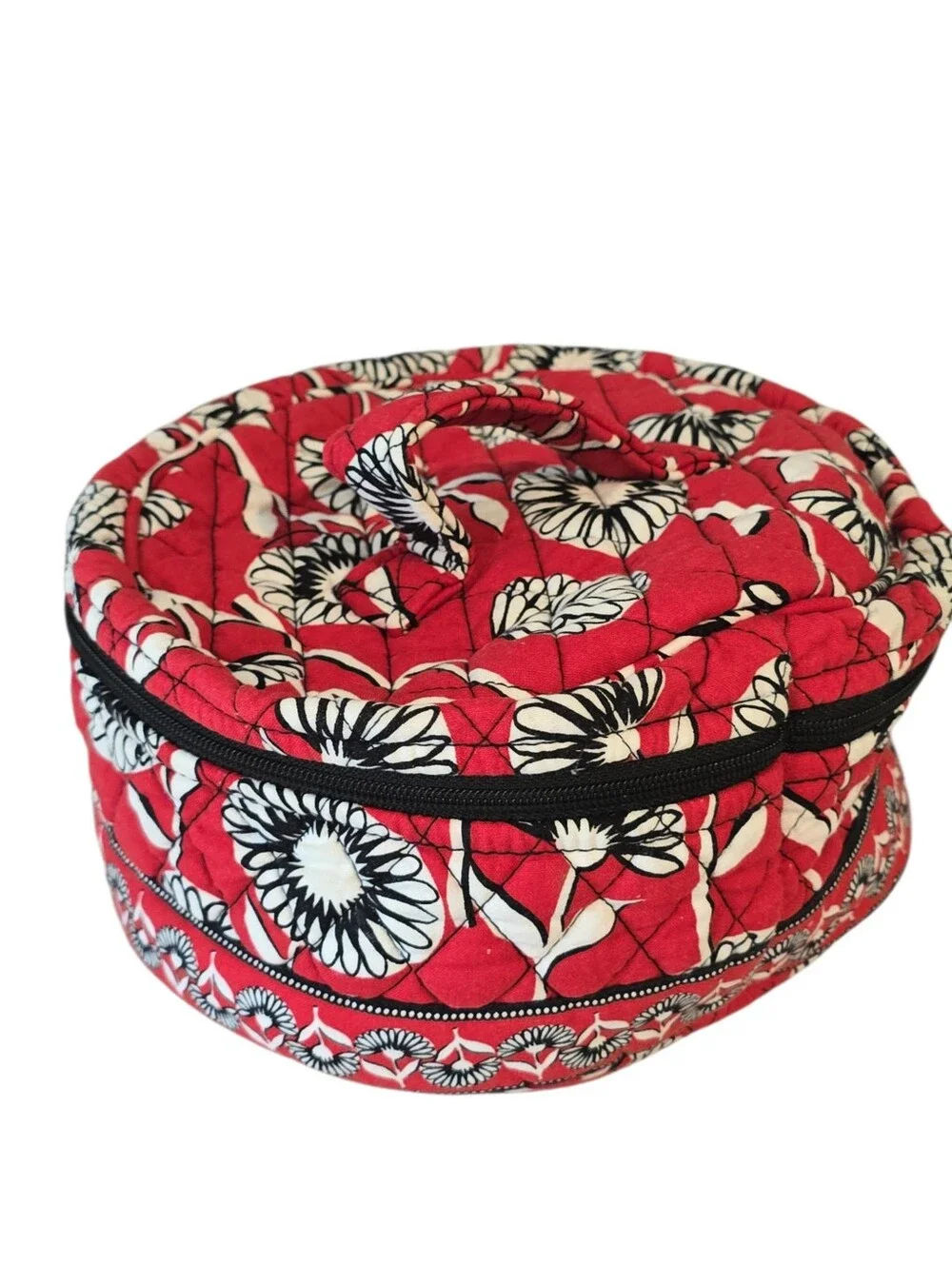 Vera Bradley Round Travel Cosmetic Bag Red Floral Quilted Makeup Toiletry Organi